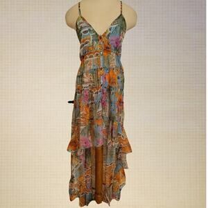 A And B Spaghetti Strap Backless Floral Print High-Low Tiered Dress Womens Small